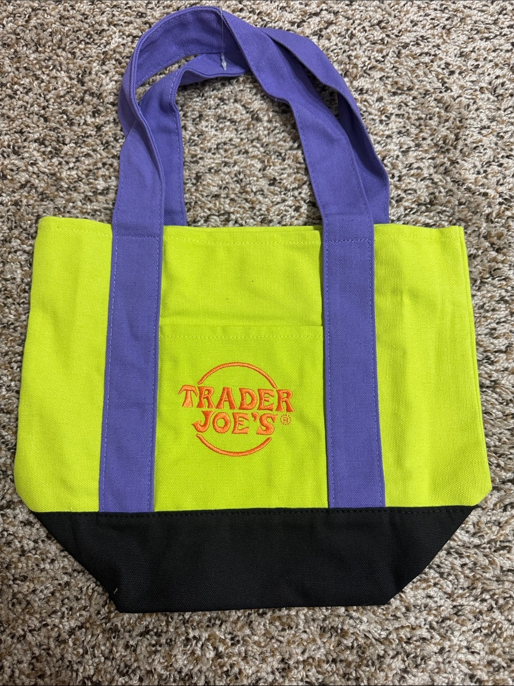 Trader Joe's Lime Green Canvas Tote with Purple Straps